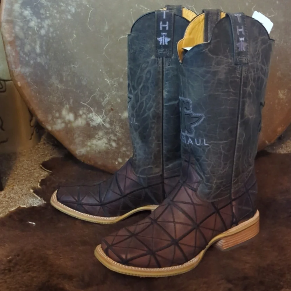 TIN HAUL "Derrick" Brown & black charcoal leather square toe cowboy boots sz 8EE - Picture 7 of 12